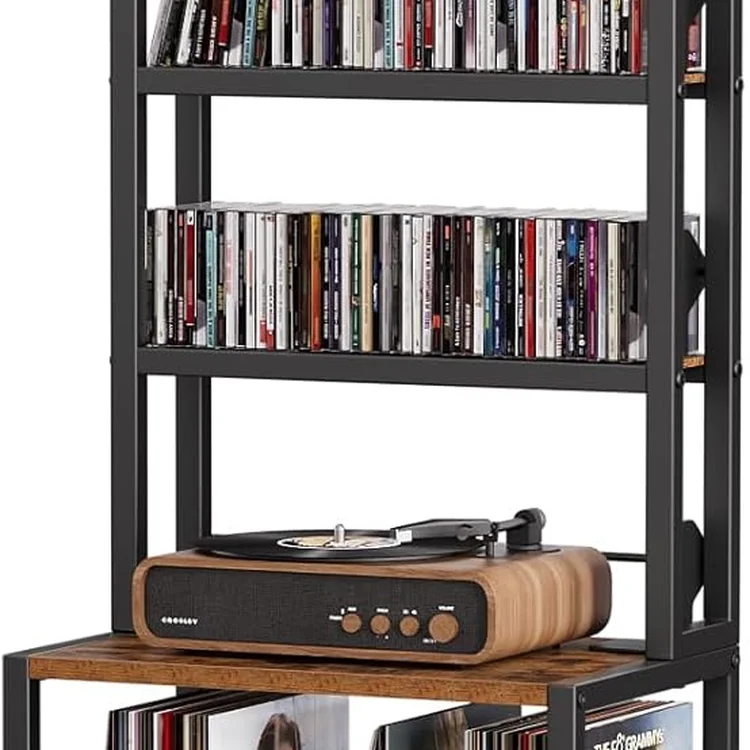 Vinyl record storage cabinet with turntable and shelves for CDs and records