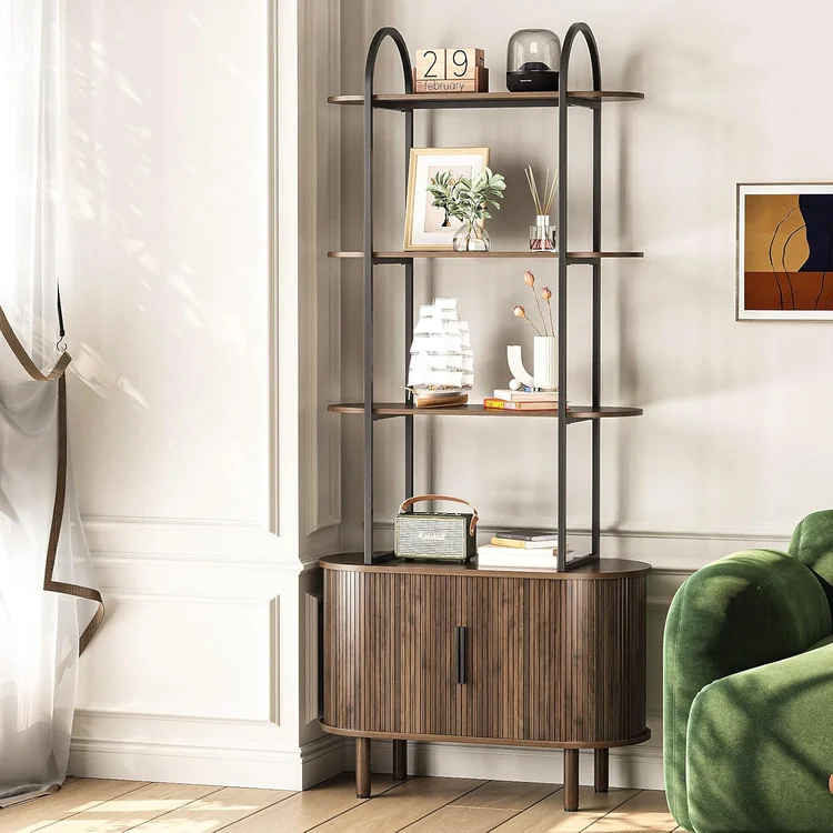 Stylish vinyl record storage cabinet with open shelves and curved design