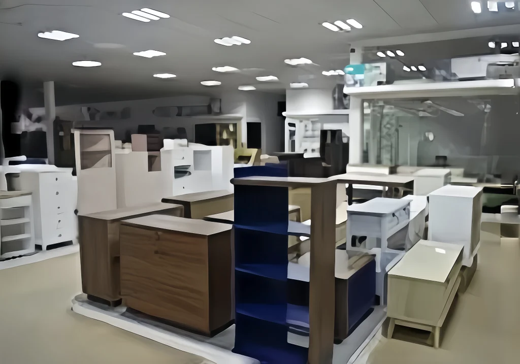 Modern furniture display featuring various storage cabinets, including vinyl record storage cabinet options.