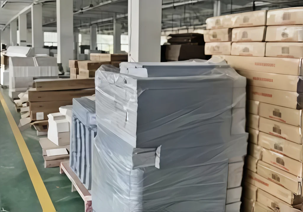 Storage area with wrapped vinyl record storage cabinets ready for shipment