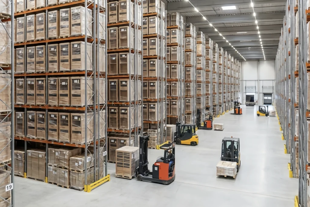 Large warehouse interior with stacked pallets and forklifts moving boxes