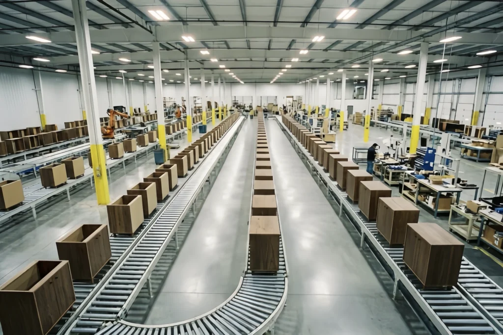 Large warehouse interior with assembly line for vinyl record storage cabinets