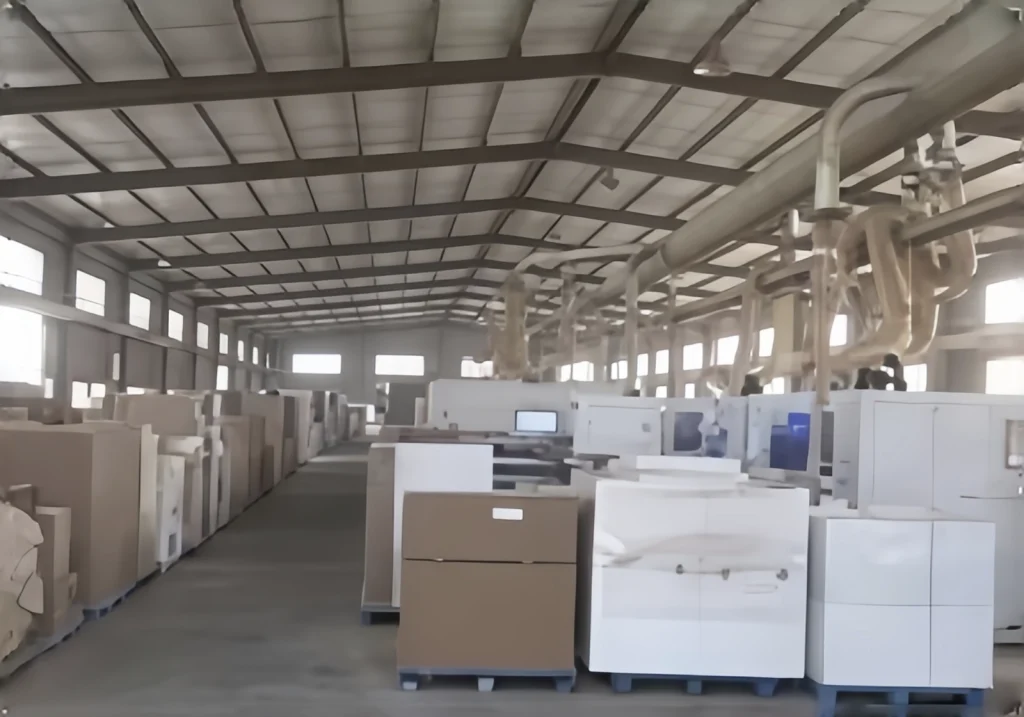 Large warehouse interior filled with vinyl record storage cabinets ready for shipment