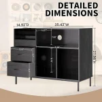 Vinyl record storage cabinet with detailed dimensions displayed on a light background
