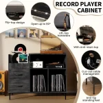 Vinyl record storage cabinet with flip-top design and cable management features