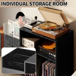 Vinyl record storage cabinet with turntable and records displayed on top