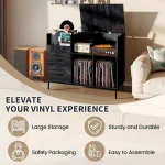Stylish vinyl record storage cabinet with records and turntable in modern living room