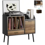 Vinyl record storage cabinet with turntable and organized record compartments