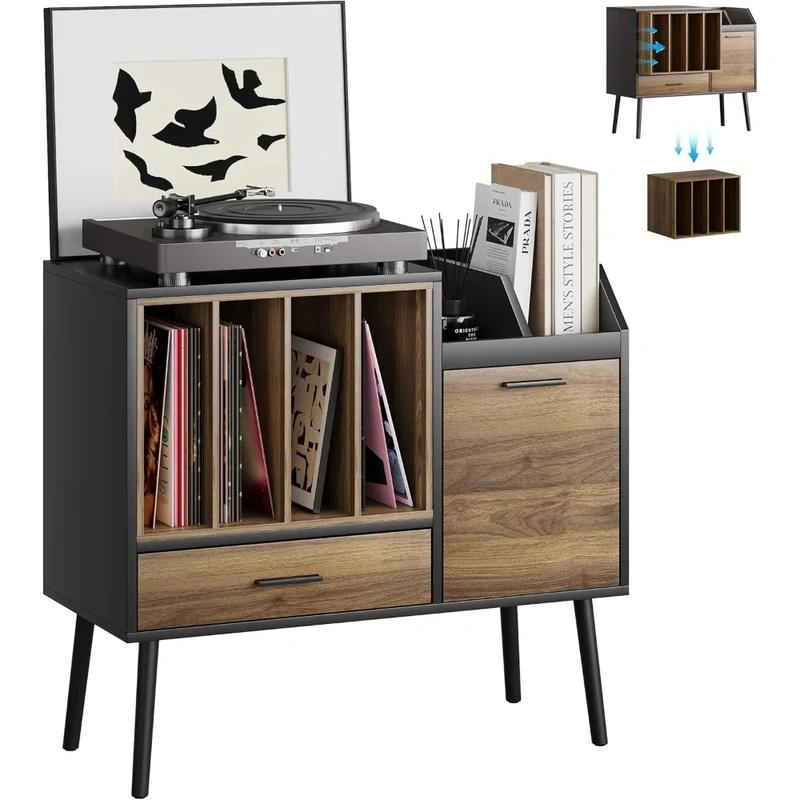 elegant-vinylrecordstoragecabinet-with-nesting-crate-banner-1 Vinyl record storage cabinet with turntable and organized record compartments