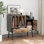 Vinyl record storage cabinet with open shelves and drawer for records and accessories