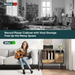 Vinyl record storage cabinet organizing living room space with a woman playing guitar