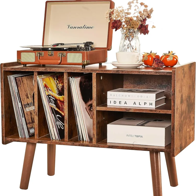 Vinyl record storage cabinet with records, vintage turntable, and decorative items