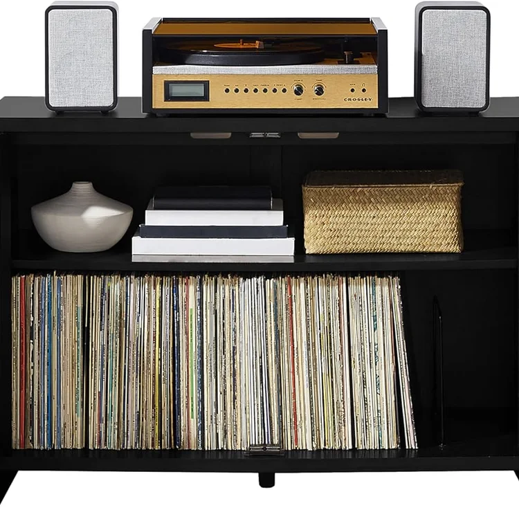 Vinyl record storage cabinet with turntable and speakers, showcasing organized records