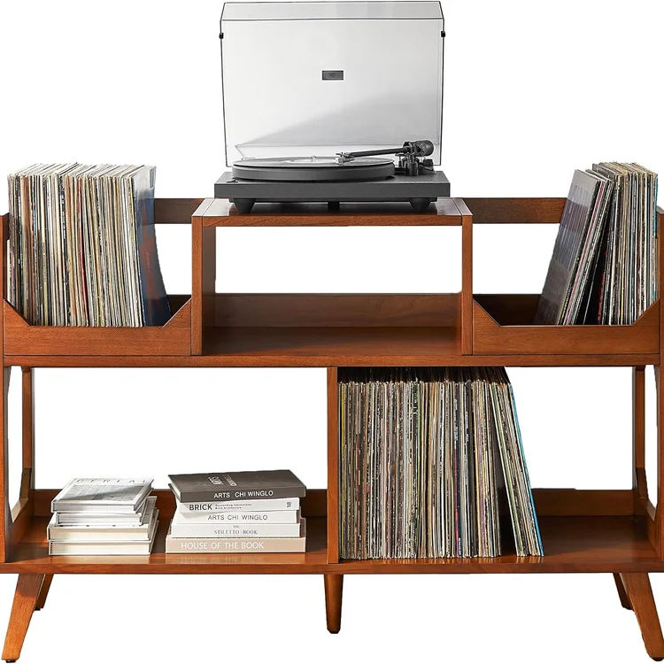 Vinyl record storage cabinet with records and turntable on display