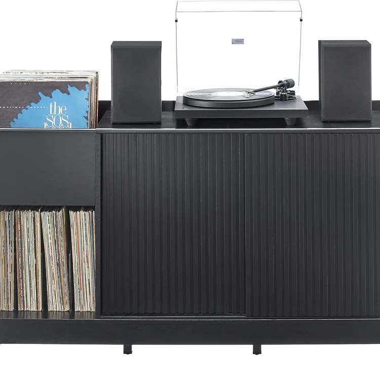 Vinyl record storage cabinet with turntable and speakers, holding vinyl records.