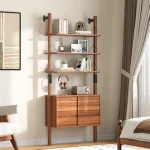 Modern vinyl record storage cabinet with open shelves and wooden drawers in a stylish living room.