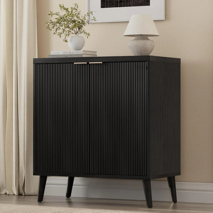 Stylish vinyl record storage cabinet with ribbed doors and elegant legs