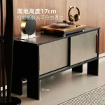 Vinyl record storage cabinet with sliding doors and turntable on top