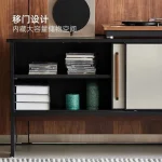 Vinyl record storage cabinet with shelves holding records and decorative items
