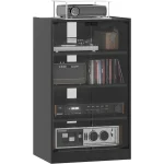Vinyl record storage cabinet with glass doors showcasing records and audio equipment
