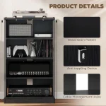 Vinyl record storage cabinet featuring wood grain pattern and cable management holes