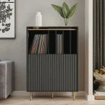 Stylish vinyl record storage cabinet with black and gold accents holding records