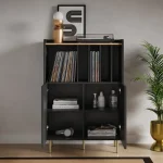 Vinyl record storage cabinet with records, turntable, and decorative lamp in modern living room