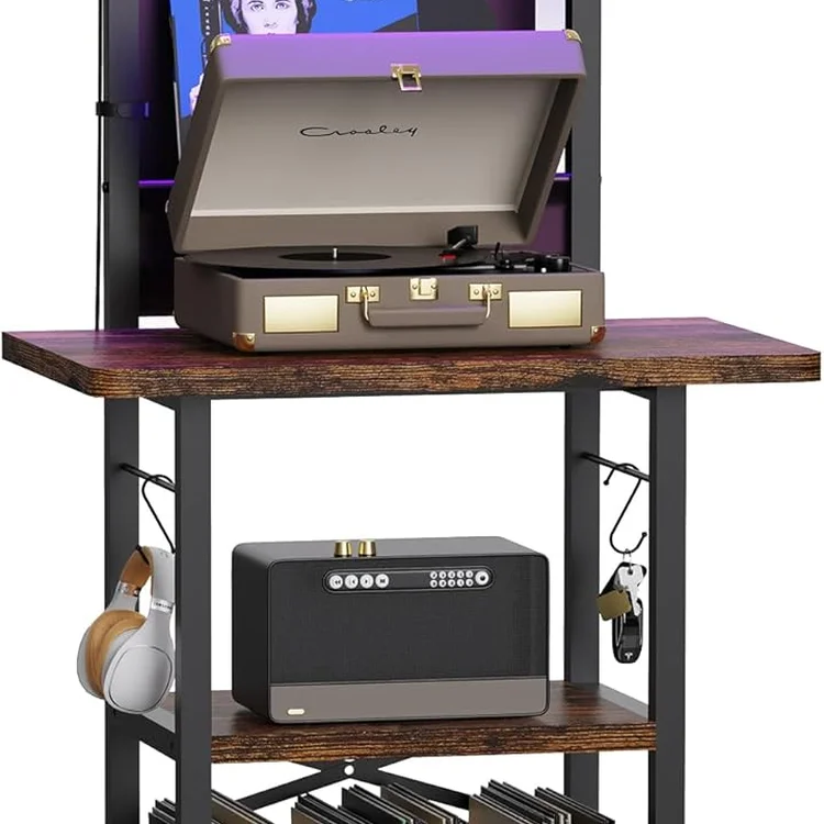 Vinyl record storage cabinet with turntable and speaker on display