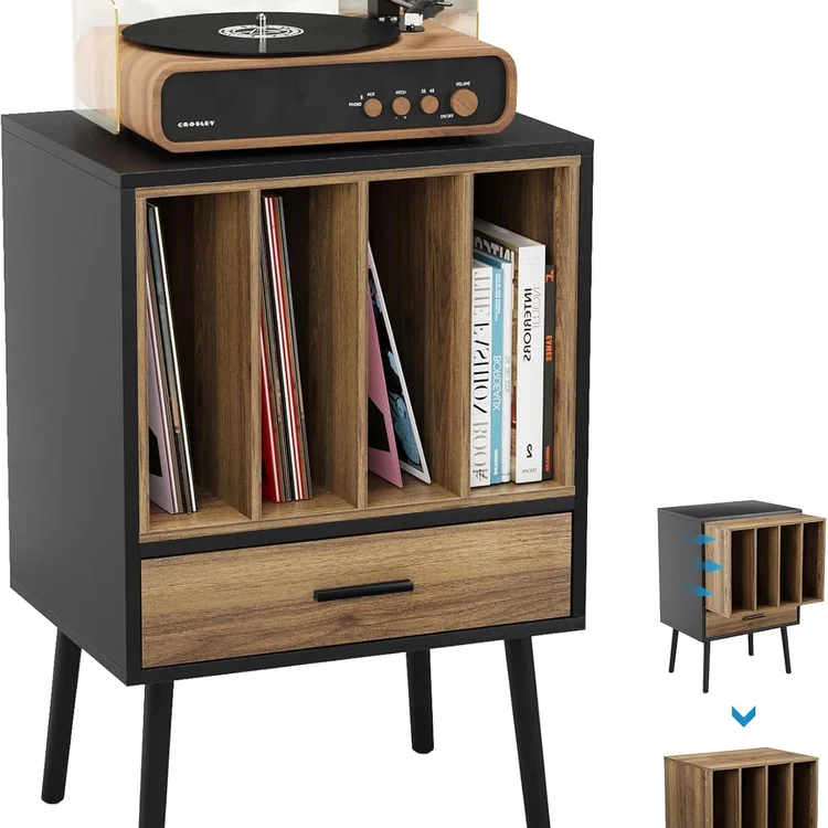 Vinyl record storage cabinet with wooden shelves and a turntable on top