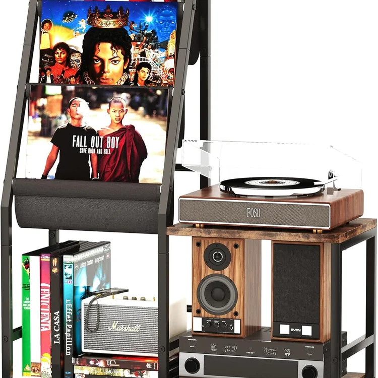 Vinyl record storage cabinet with turntable and music memorabilia displayed