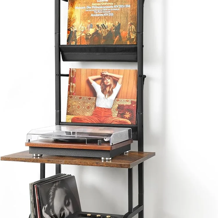 Vinyl record storage cabinet displaying records and a turntable on wooden shelves