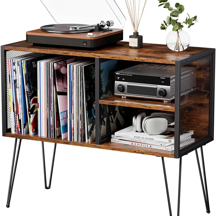 Vinyl record storage cabinet with records, turntable, and audio equipment on display