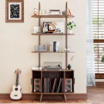 Stylish vinyl record storage cabinet with open shelves and speakers