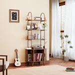 Stylish vinyl record storage cabinet with open shelves and record player in modern living room