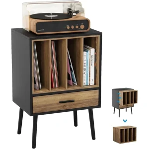 Vinyl record storage cabinet with four compartments and a turntable on top