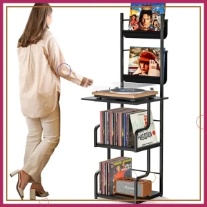 Vinyl record storage cabinet with vinyl records and turntable in stylish home setting