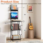 Vinyl record storage cabinet with multiple shelves displaying records and a guitar nearby