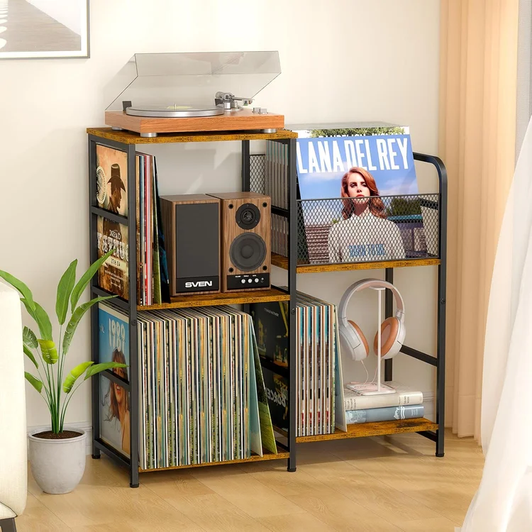 Vinyl record storage cabinet displaying records, a turntable, and speakers in a stylish living room setup