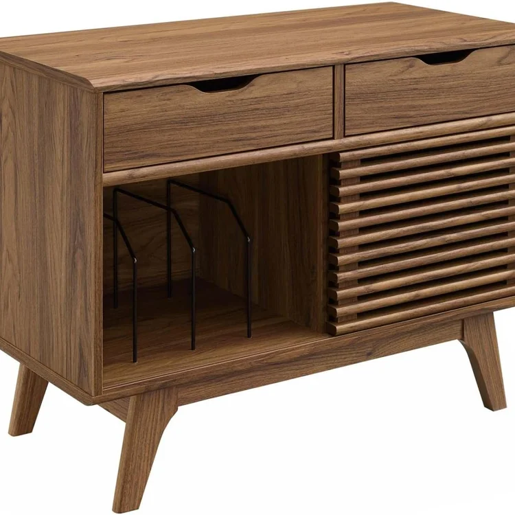 Vinyl record storage cabinet in walnut finish with drawers and open shelving