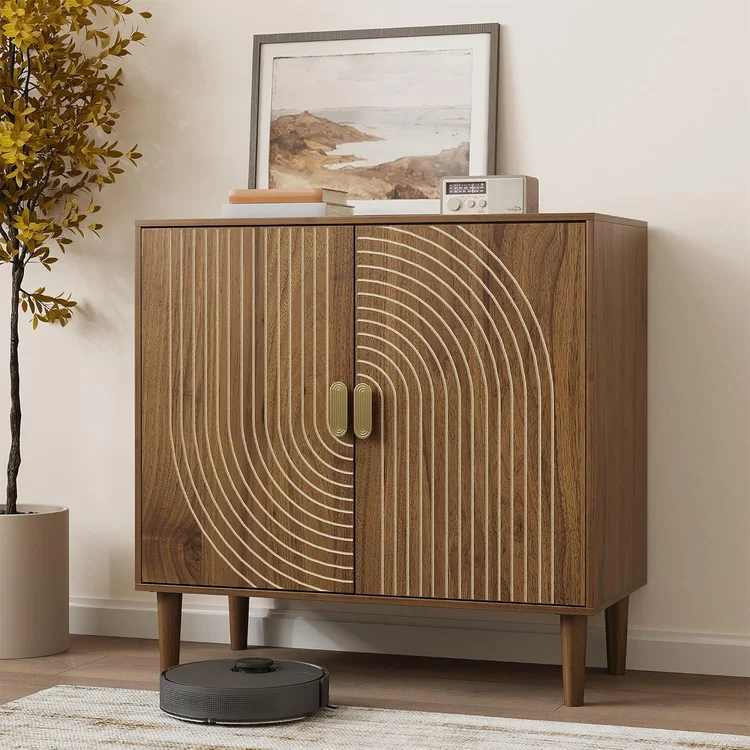 Vinyl record storage cabinet with stylish wood finish and circular design accents